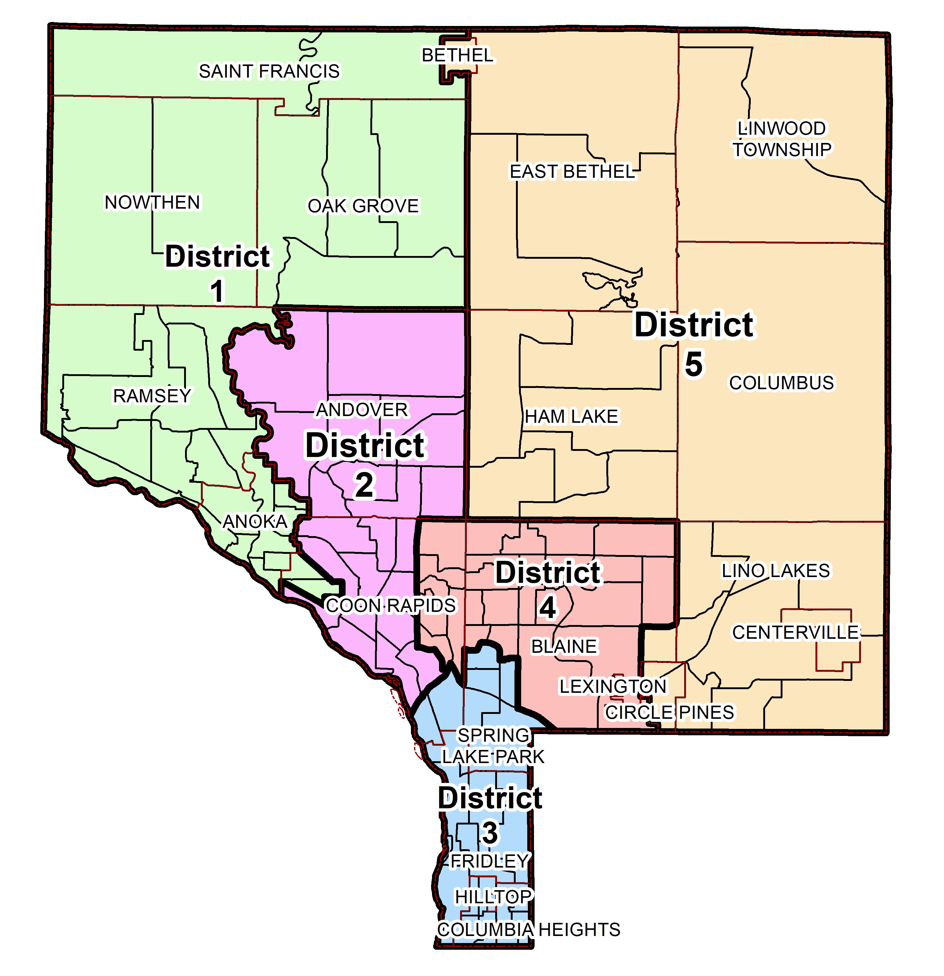 Photo: Map of Anoka County showing the district boundaries for SWCD supervisors.