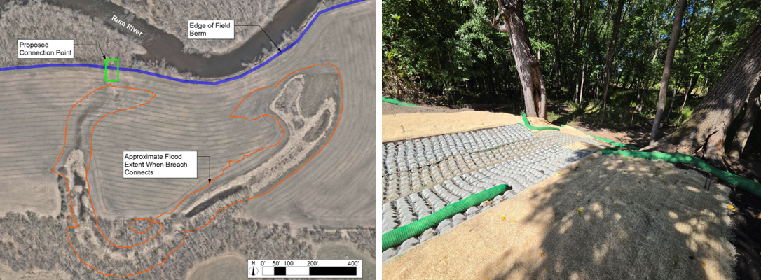 Photo: Aerial view of Ziegler Oxbow (left).
Stabilized berm breach point, facing the floodplain (right).